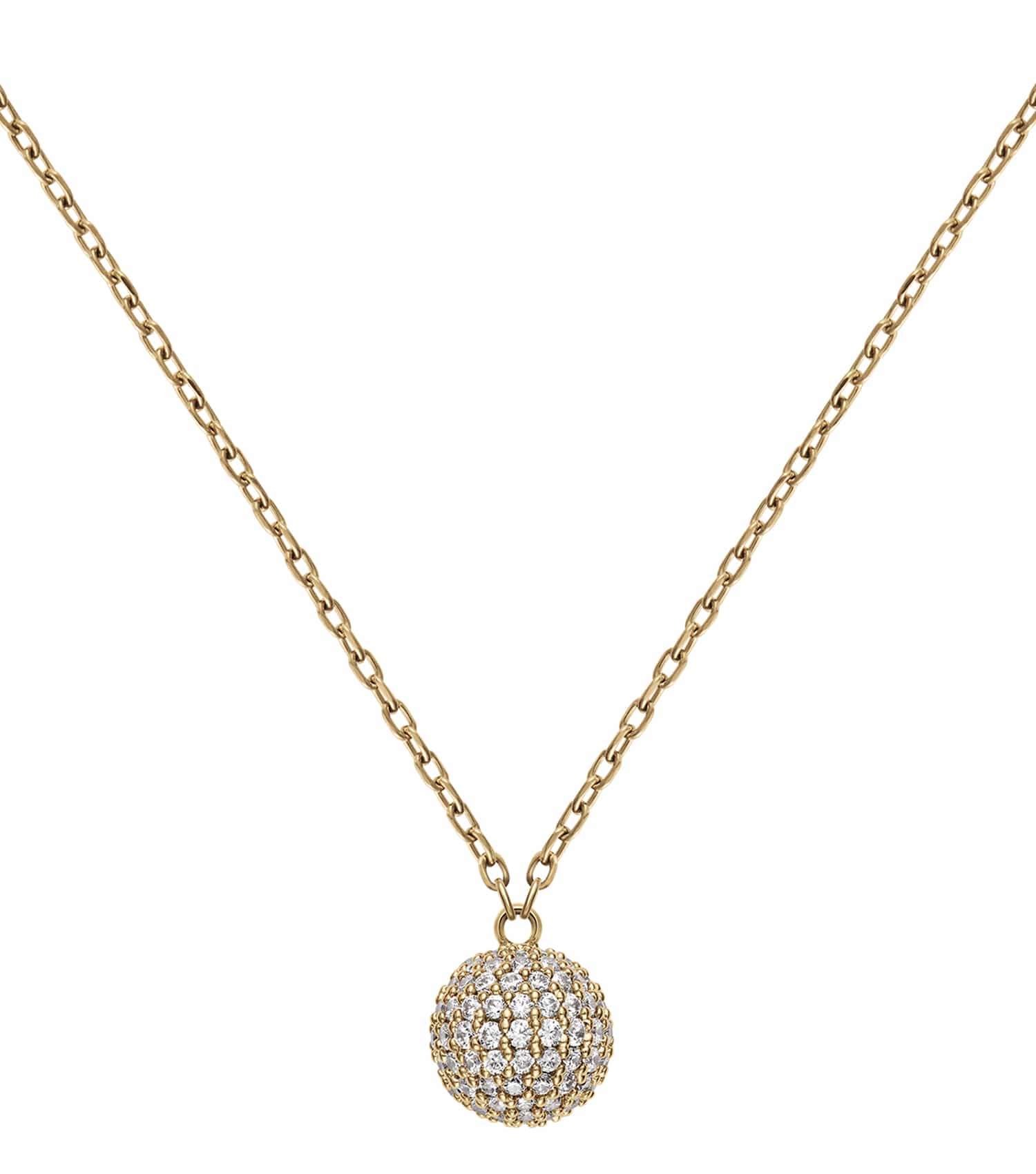 Rose gold necklace by Daniel Wellington with crystal accents, elegantly displayed in a vertical angle against a soft cream background.
