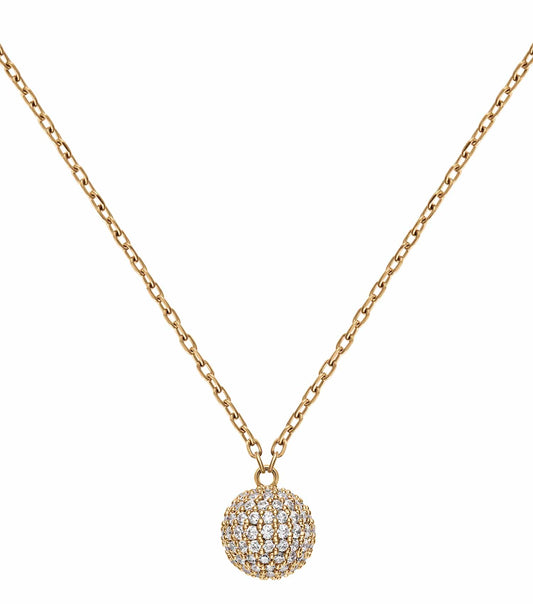 Rose gold necklace by Daniel Wellington with crystal accents, elegantly displayed in a vertical angle against a soft cream background.