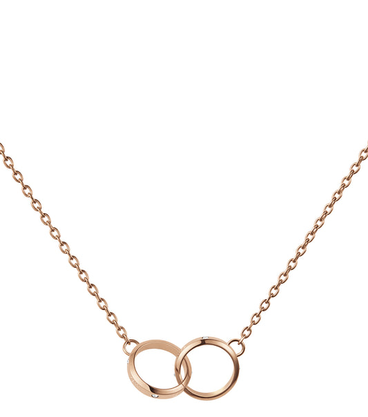 Daniel Wellington rose gold necklace glistening at front view, capturing elegance and timeless style with a smooth curve design.