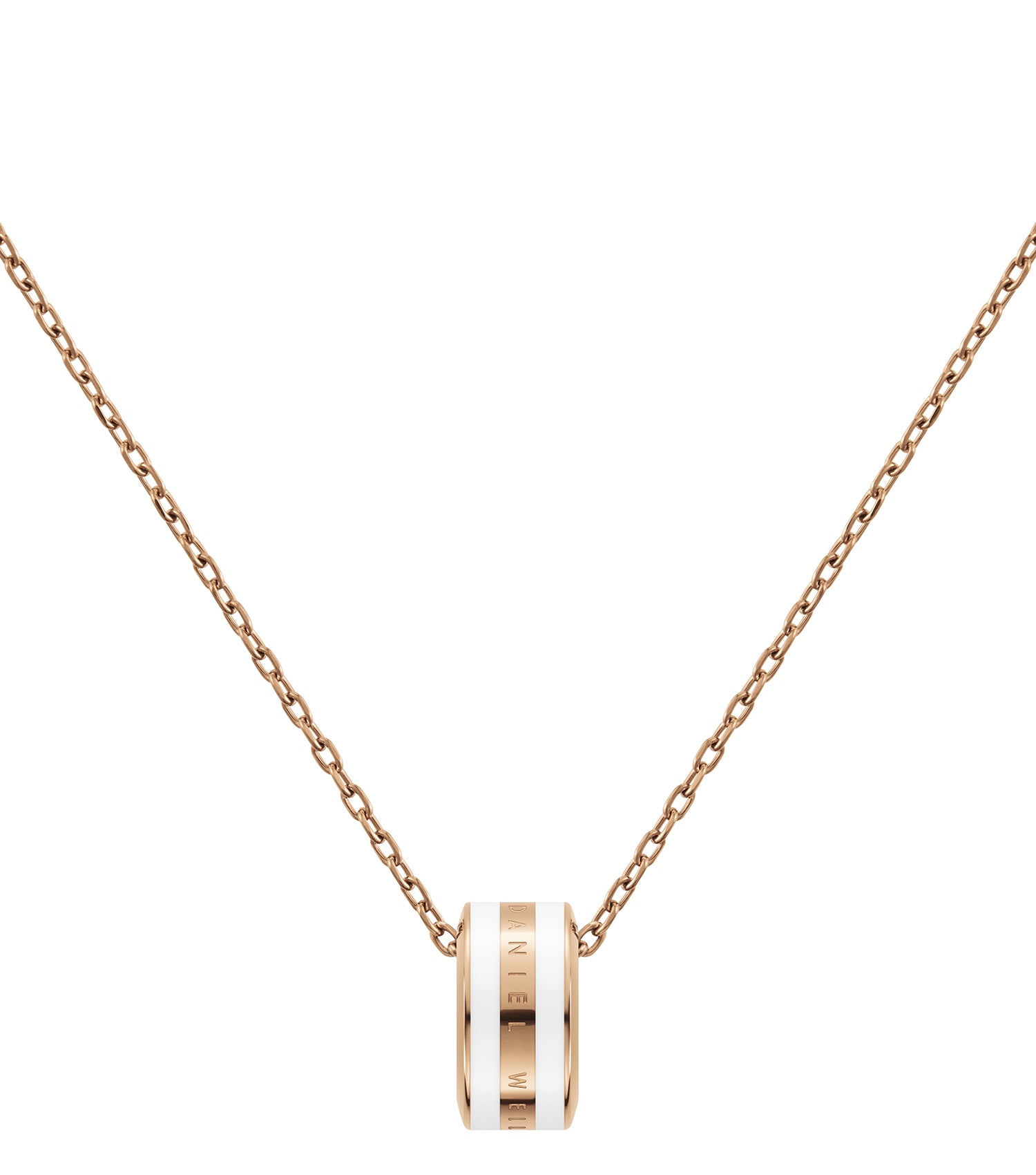 Daniel Wellington rose gold & white necklace with elegant pendant, angled for side view display, highlighting modern design.
