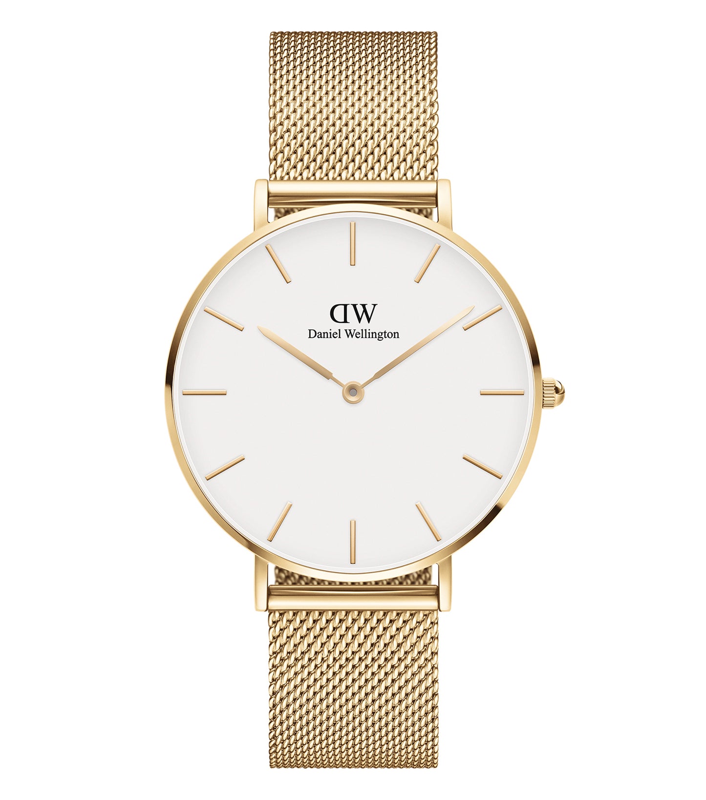 Daniel Wellington Evergold watch with minimalist design, side angle showcasing classic elegance on white background.