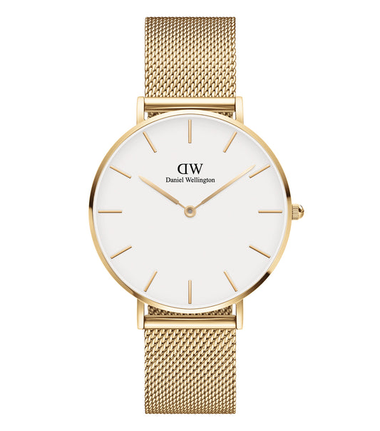 Daniel Wellington Evergold watch with minimalist design, side angle showcasing classic elegance on white background.