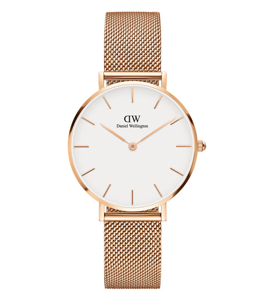 Daniel Wellington elegant watch close-up with brown leather strap, gold case, minimalist white dial, front angle, timeless style