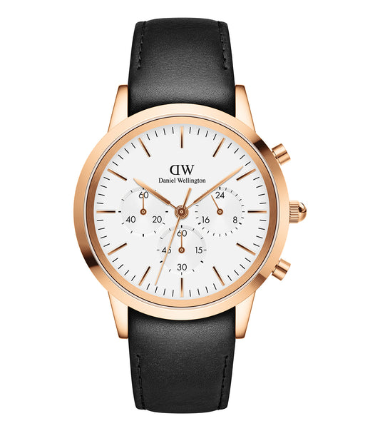 Daniel Wellington 42mm watch in brown leather and gold color, front angle view showcasing elegant watch face design