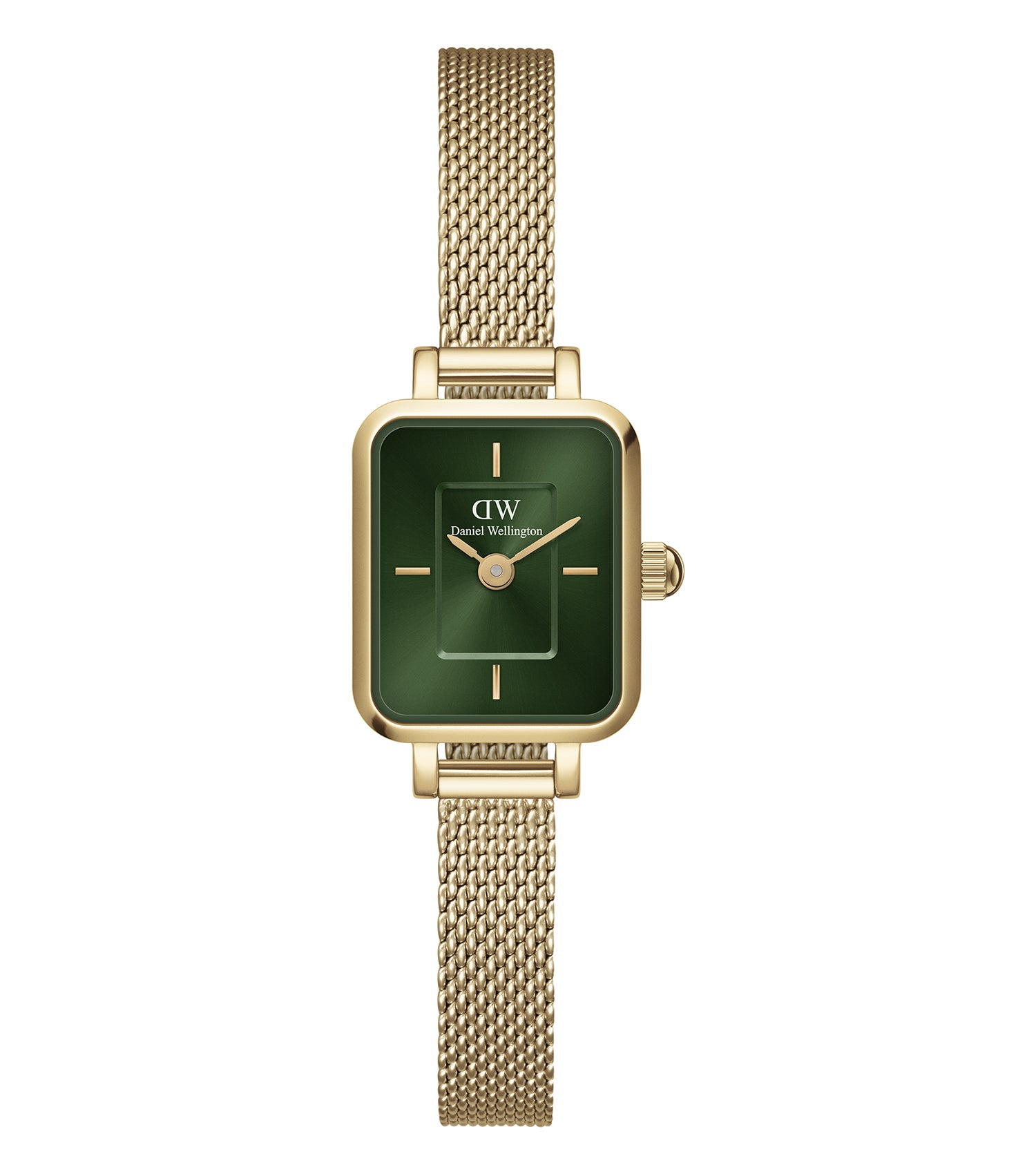 Daniel Wellington Quadro watch in a classic gold finish, captured at a slight angle with a minimalist white dial on beige background.