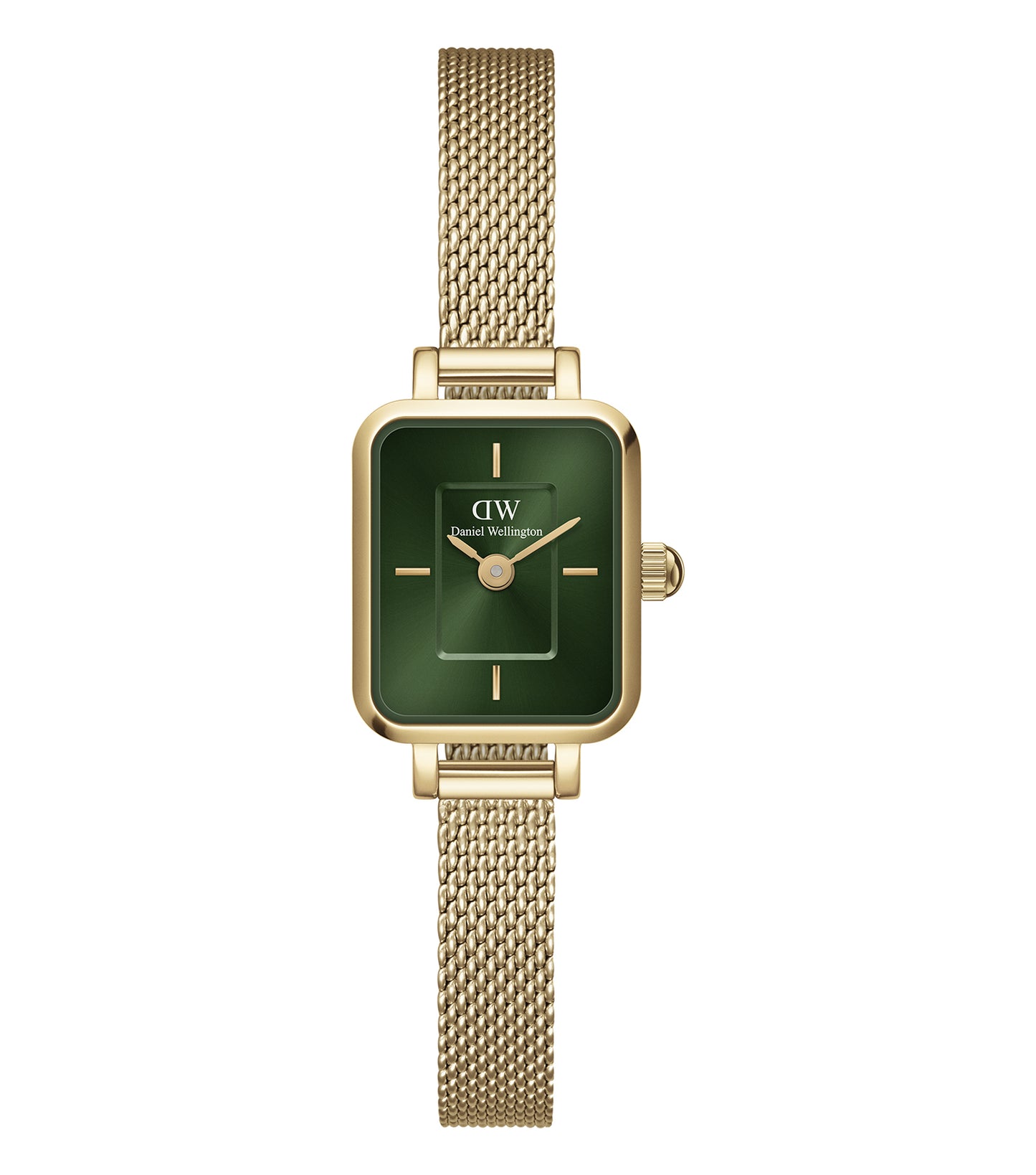 Daniel Wellington Quadro watch in a classic gold finish, captured at a slight angle with a minimalist white dial on beige background.