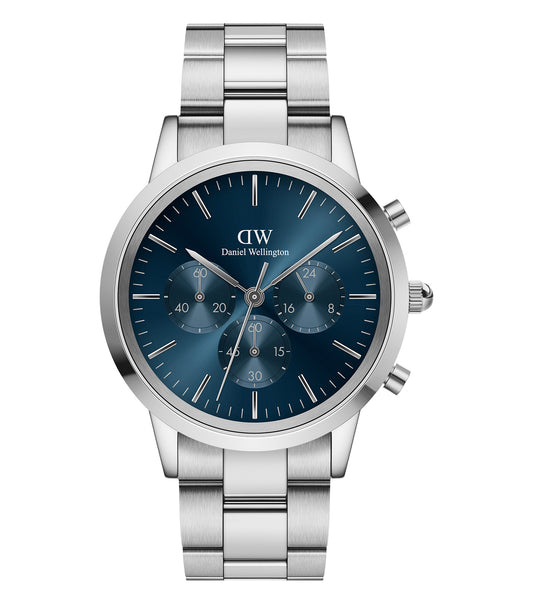 Daniel Wellington men's iconic chronograph quartz watch in sleek black, angled top view, showcases timeless craftsmanship.