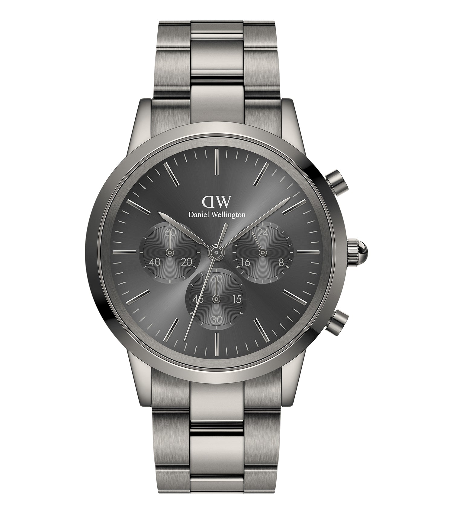 Daniel Wellington Iconic Chronograph Quartz watch in minimalist black, showcasing side angle detailing and elegant design elements.
