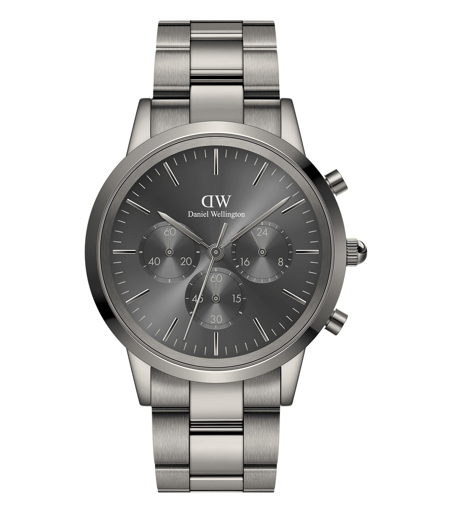 Daniel Wellington Iconic Chronograph Quartz watch in minimalist black, showcasing side angle detailing and elegant design elements.