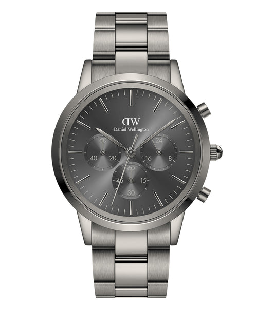 Daniel Wellington Iconic Chronograph Quartz watch in minimalist black, showcasing side angle detailing and elegant design elements.