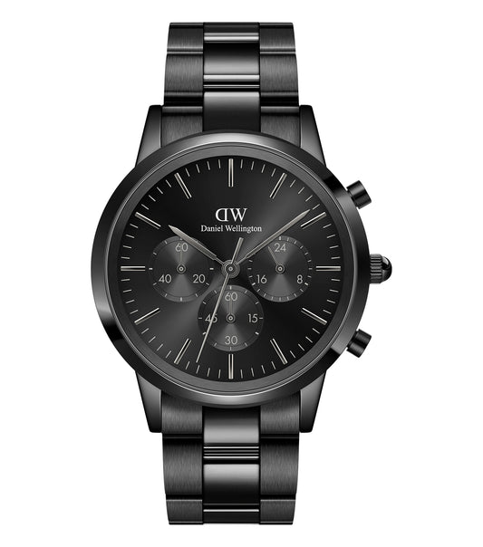 Daniel Wellington classic watch, minimalist design in monochrome, displayed at a slight angle, showcasing its elegant dial and strap.
