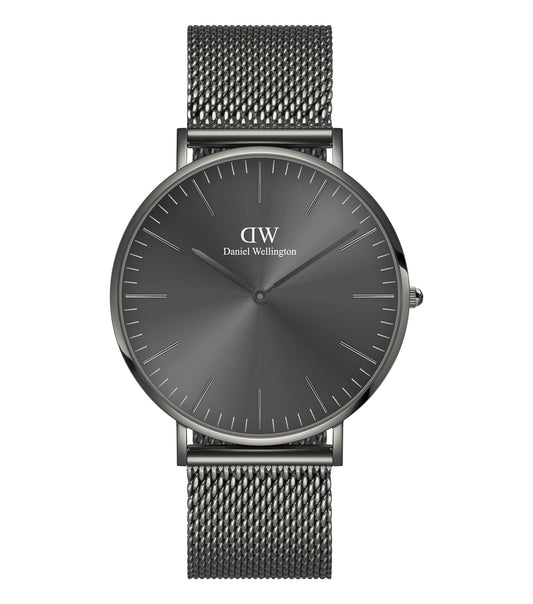 Daniel Wellington classic watch with sleek silver design, facing front view, showcasing elegant simplicity and timeless appeal.
