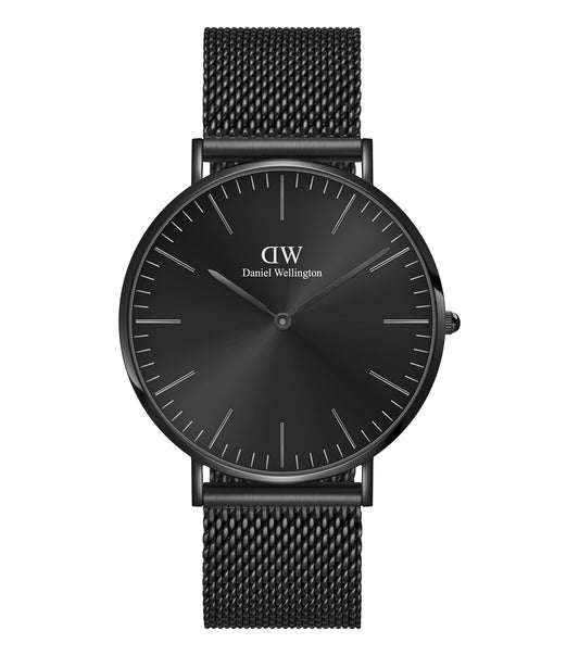 Daniel Wellington Ashfield watch with sleek black design, gold accents, and minimalist face; side angle showcasing elegant simplicity.