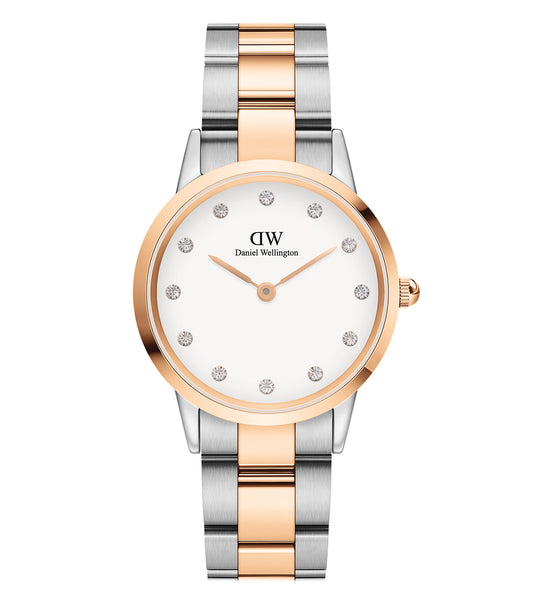Daniel Wellington quartz watch with a sleek black face and silver mesh band, angled for a detailed view showcasing elegance.