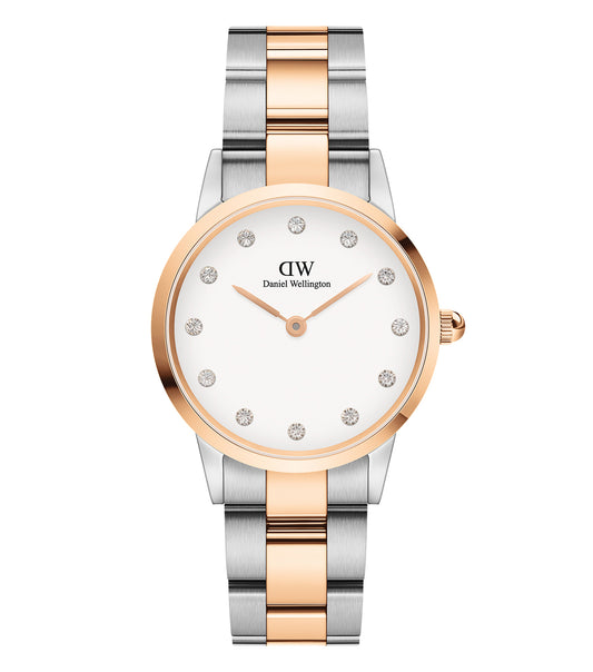 Daniel Wellington minimalist black watch, side angle, showcasing the sleek round dial and elegant silver mesh strap.