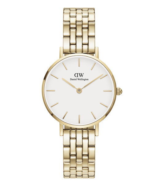 Daniel Wellington Petite watch, rose gold color, side angle view, elegant and minimalist design, perfect for modern style.