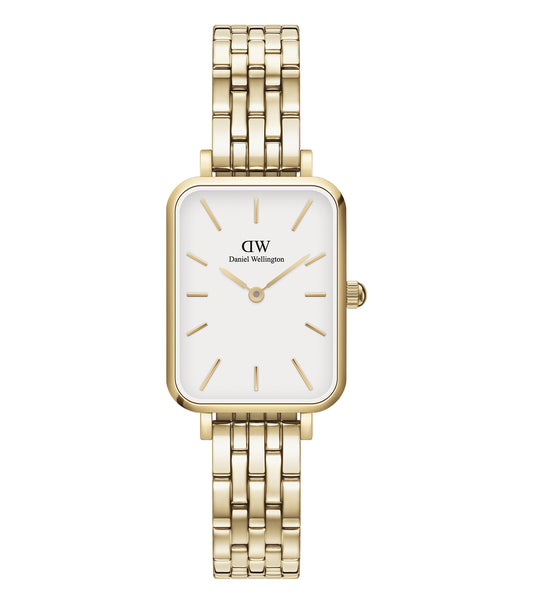Daniel Wellington gold watch, angled beautifully to showcase its elegant round face and sleek strap, epitomizing timeless luxury.