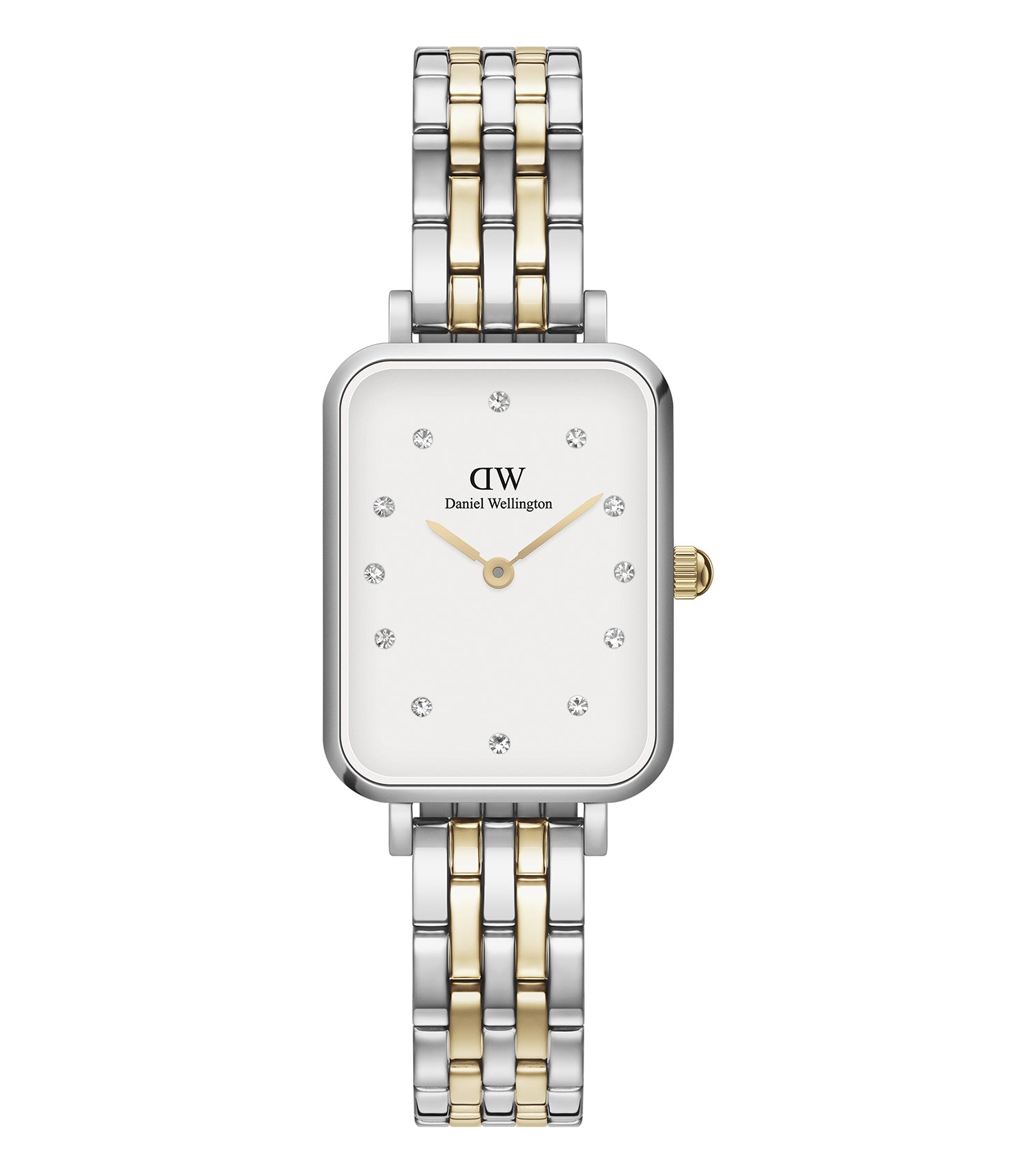 Elegant Daniel Wellington Quadro Lumine watch in lustrous gold, angled to showcase the rectangular face and sleek design.