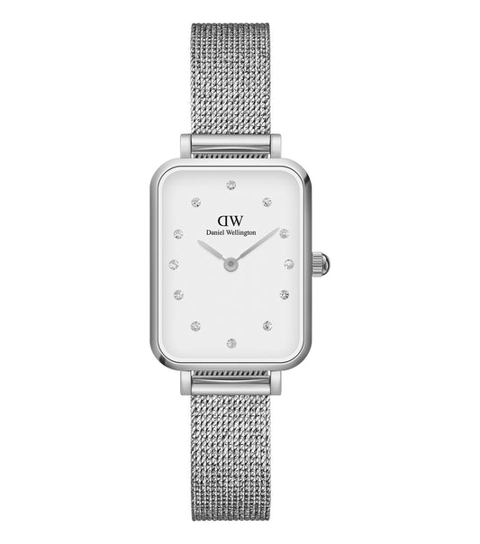 Elegant Daniel Wellington watch with a sleek silver finish, captured in a side angle showcasing its minimalist design and craftsmanship.