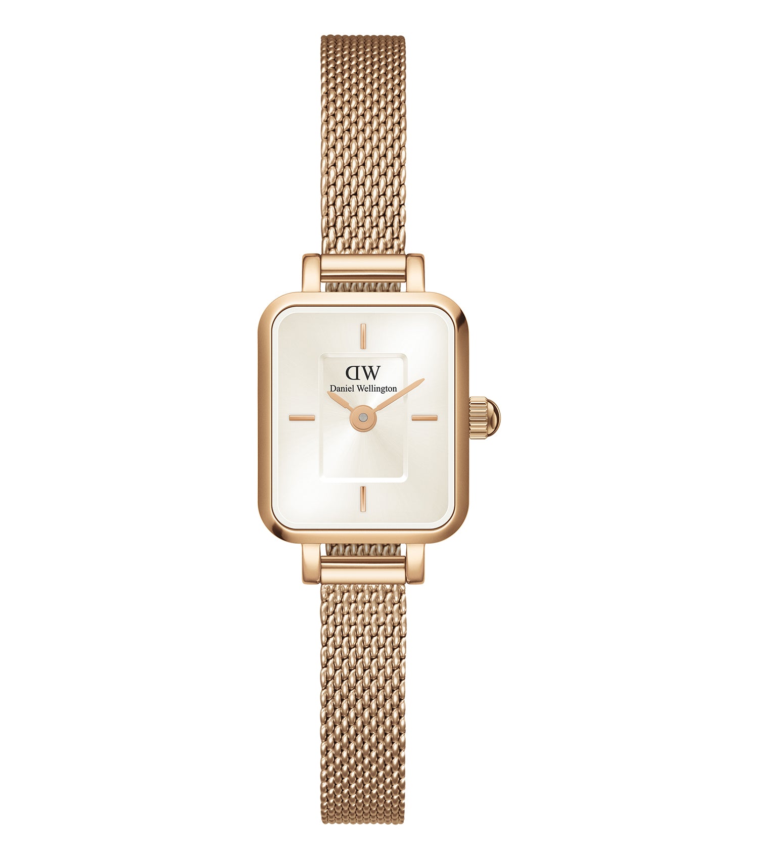 Elegant Daniel Wellington mini quartz watch in brown and silver, angled to showcase its minimalist face and stylish strap.