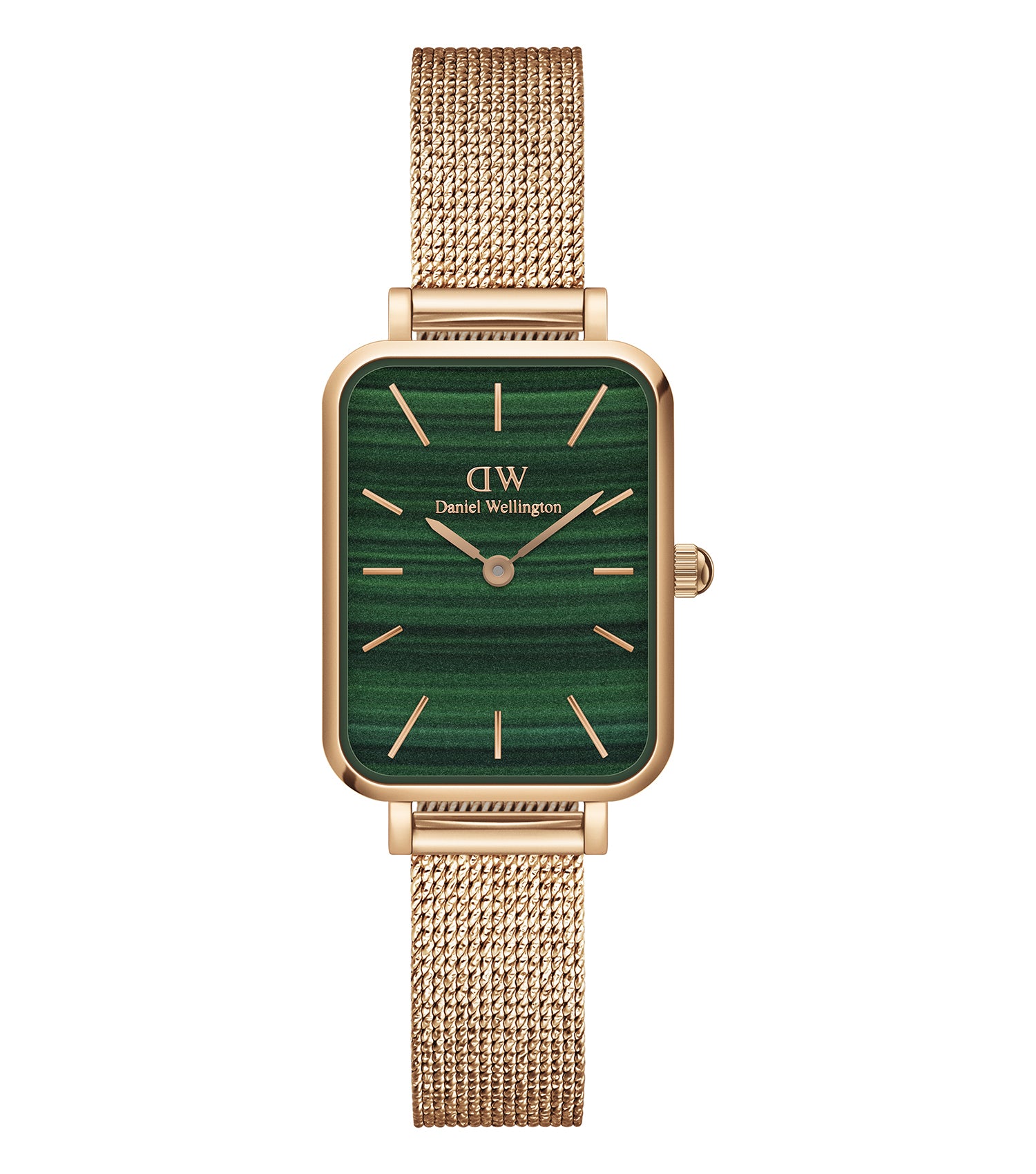 Elegant Daniel Wellington rose gold watch with minimalist design, round face, and side angle view showcasing timeless sophistication.