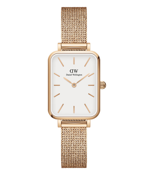 Daniel Wellington quartz watch in elegant rose gold, photographed at a sleek 45-degree angle, showcasing its classic design.