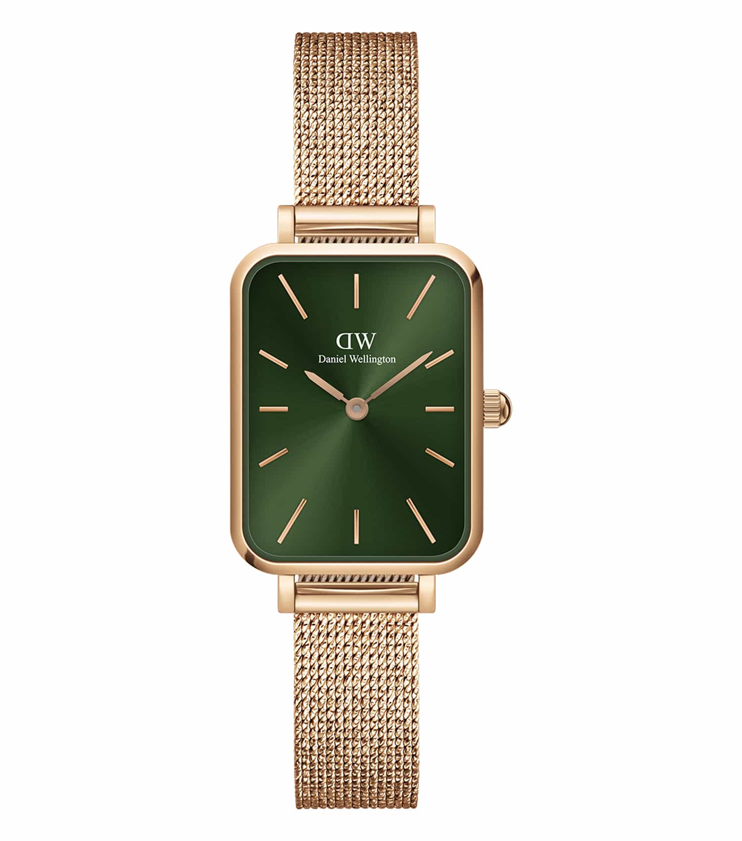 Rose Gold Daniel Wellington Watch with a sleek round face, stylish mesh strap, front angle view, showcasing elegance and craftsmanship.