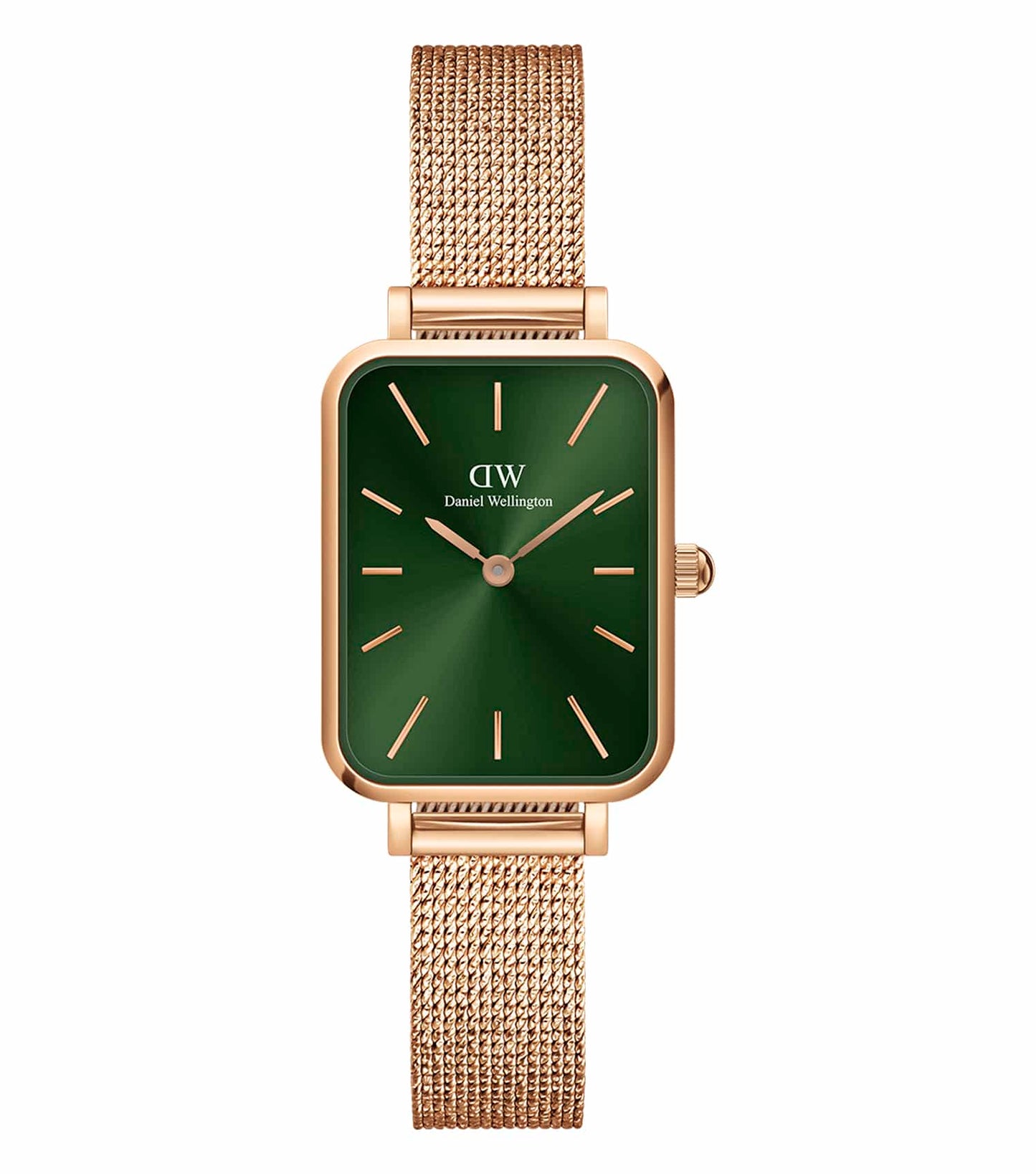 Rose Gold Daniel Wellington Watch with a sleek round face, stylish mesh strap, front angle view, showcasing elegance and craftsmanship.