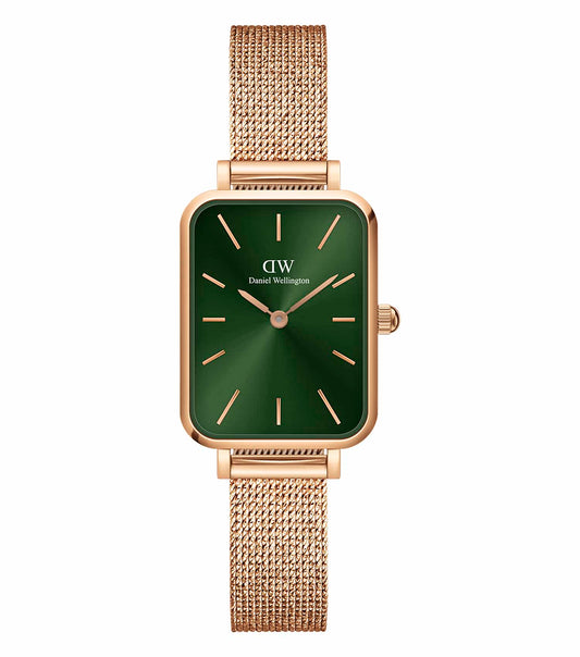 Rose Gold Daniel Wellington Watch with a sleek round face, stylish mesh strap, front angle view, showcasing elegance and craftsmanship.