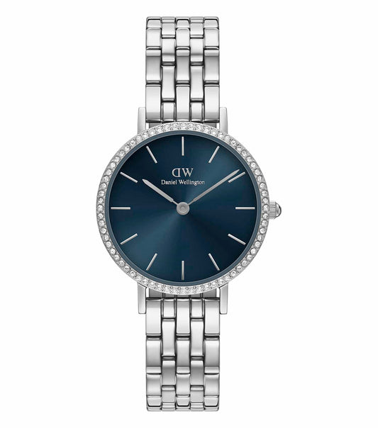 Daniel Wellington minimalist watch in timeless stainless steel, showcasing brand logo, top-view angle, elegance, and precision.