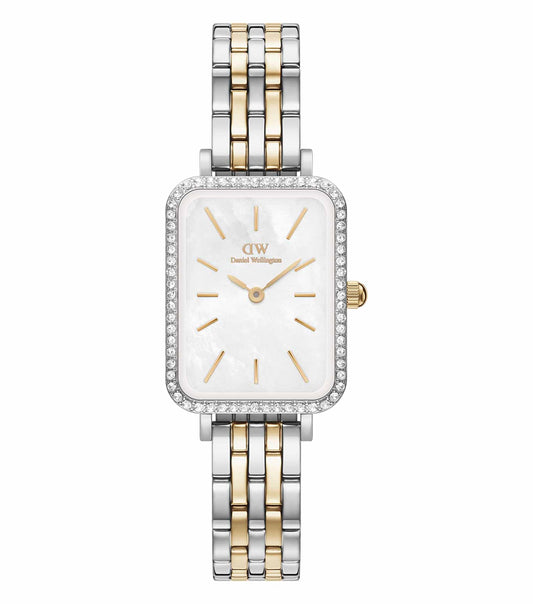 Daniel Wellington classic watch with rose gold accents, showcasing a minimalist black dial and elegant leather strap, angled front view.