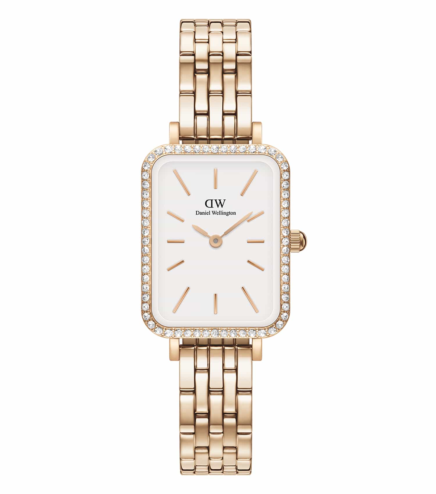 Daniel Wellington watch in silver, displayed from a three-quarter angle on a black leather band, showcasing its sleek minimalist design.