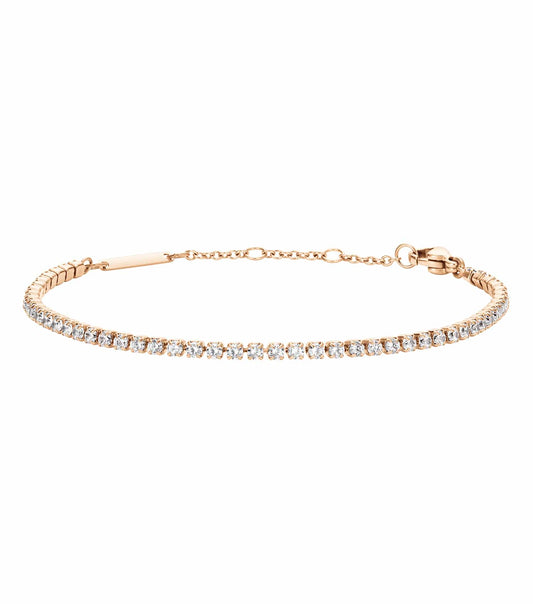 Daniel Wellington rose gold tennis bracelet, shimmering elegance, displayed from a top angle against a neutral background.