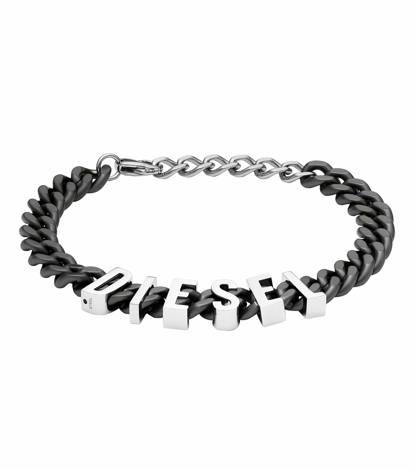 Diesel gunmetal bracelet, angled close-up highlighting its sleek design, modern aesthetic, and bold branding emblem.