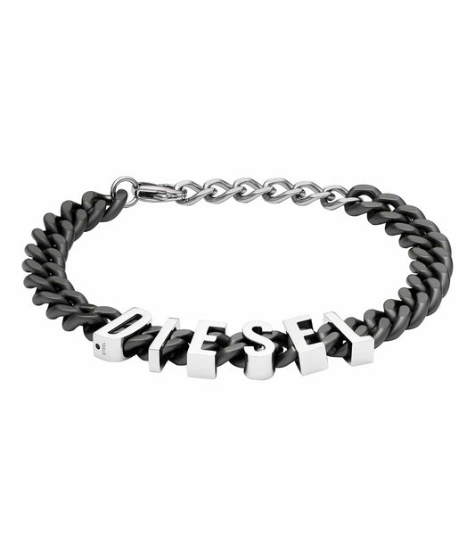 Diesel gunmetal bracelet, angled close-up highlighting its sleek design, modern aesthetic, and bold branding emblem.