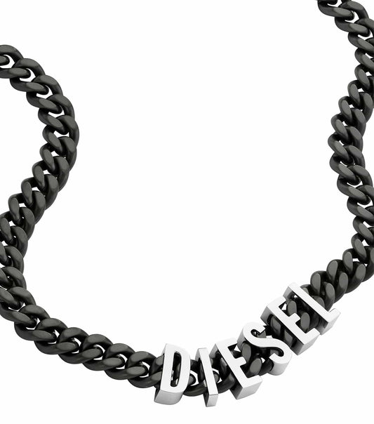 Diesel gunmetal necklace showcasing an elegant chain design with a sleek finish, perfectly angled for a bold, sophisticated look.