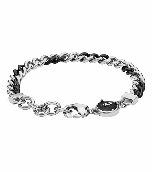 Diesel silver bracelet with a sleek, modern design, showcased from an angled front view, capturing its elegant shine.