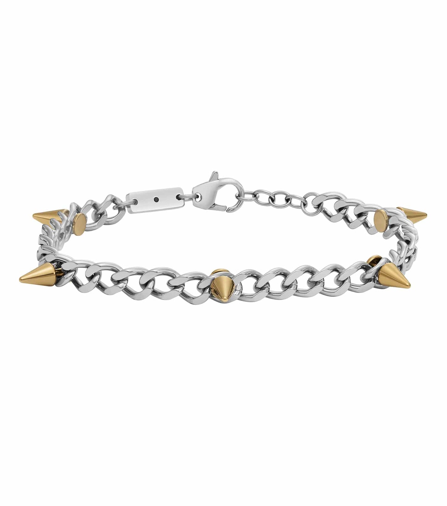 Diesel silver bracelet with textured links and subtle logo, top view showcasing sleek design, perfect for fashion-forward enthusiasts.
