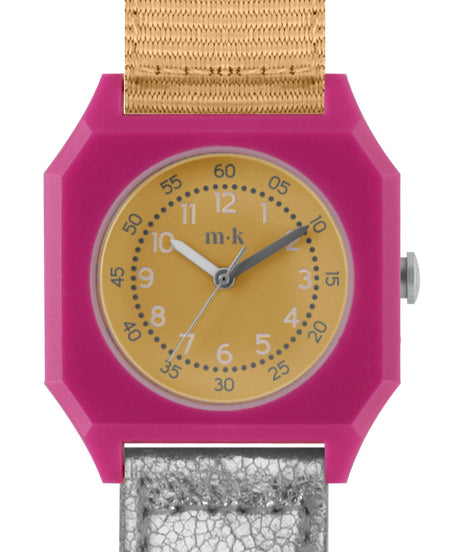 Mini Kyomo disco watch with vibrant colored dial, square face, featuring a playful pattern, at a slight side angle.