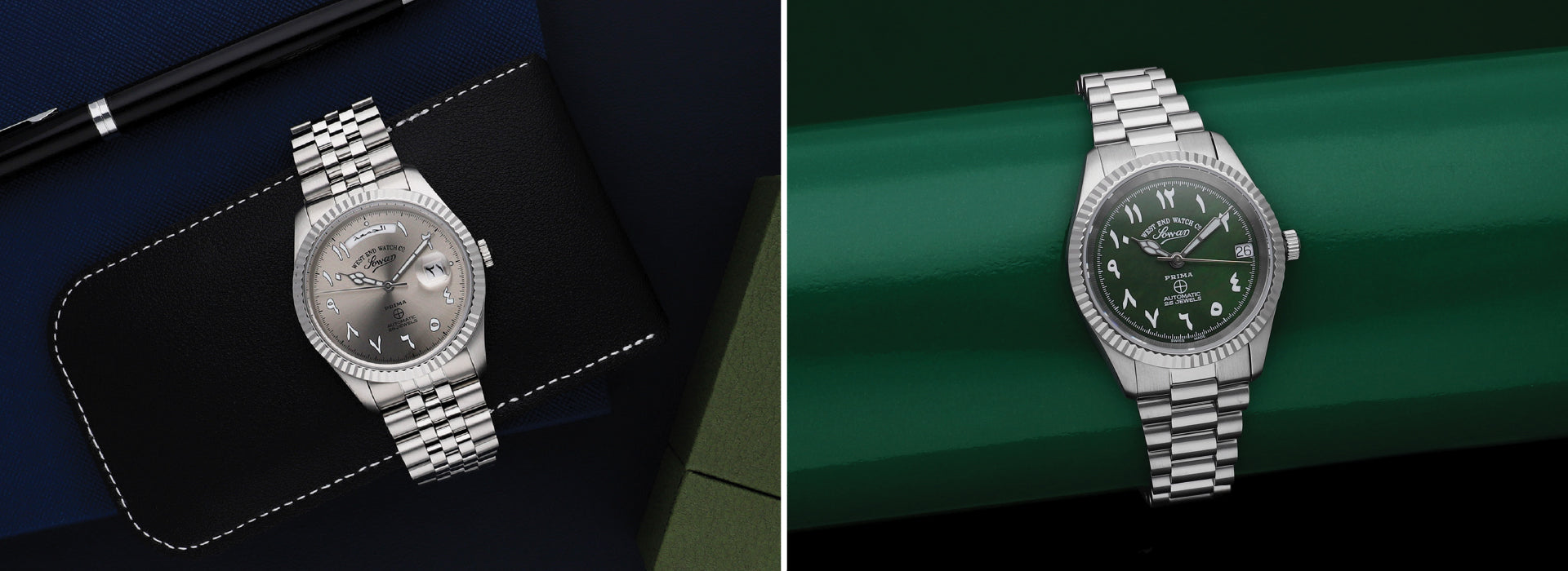 West End automatic Swiss watch with green dial, Arabic numerals and stainless steel bracelet