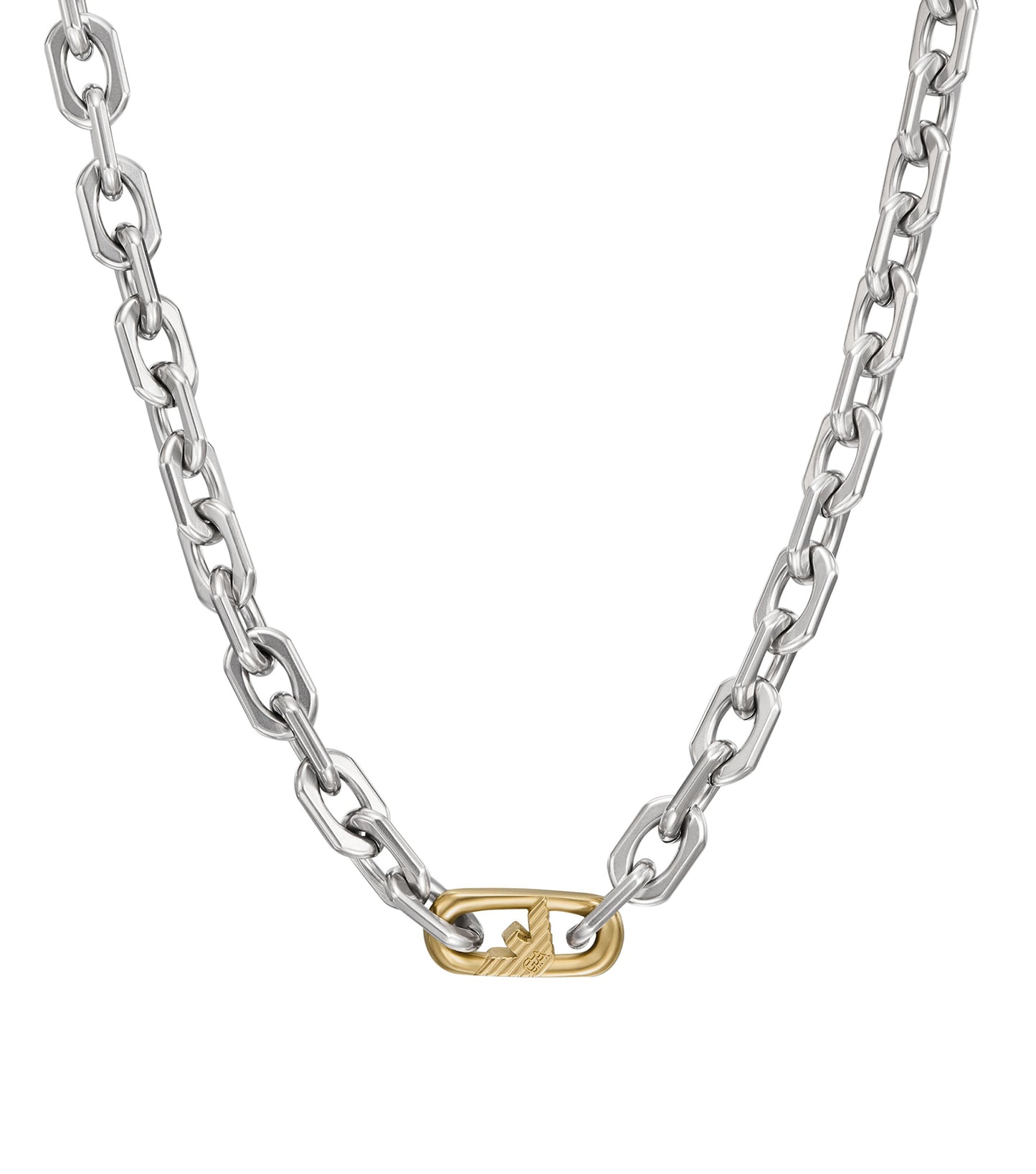 Emporio Armani necklace in an elegant two-tone design, showcasing a sleek, modern look with a sideways angle view.
