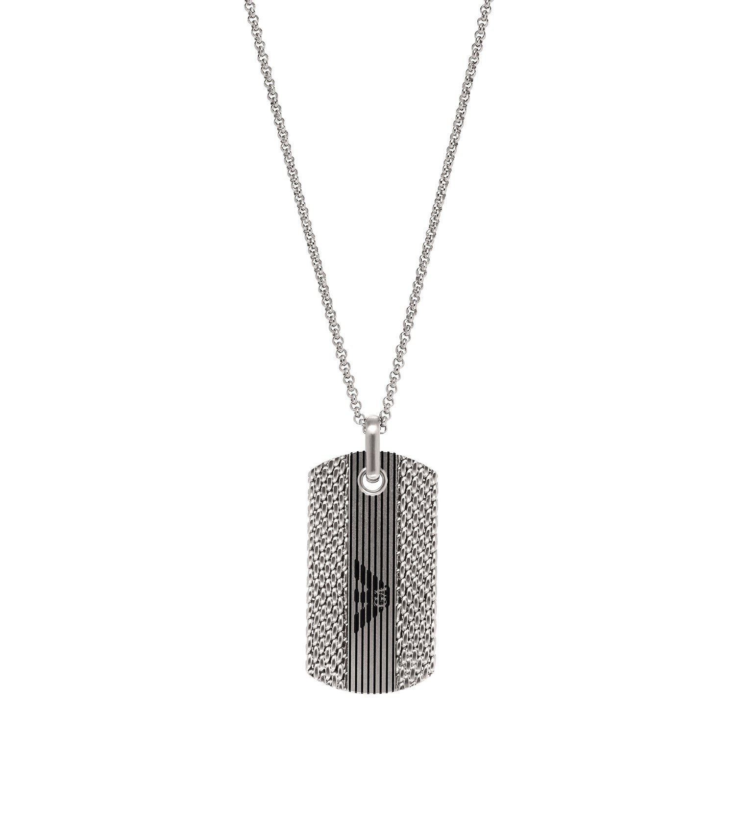 Emporio Armani silver necklace on a white background, featuring a sleek design, chain with front view, embodies modern elegance.