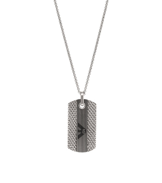 Emporio Armani silver necklace on a white background, featuring a sleek design, chain with front view, embodies modern elegance.