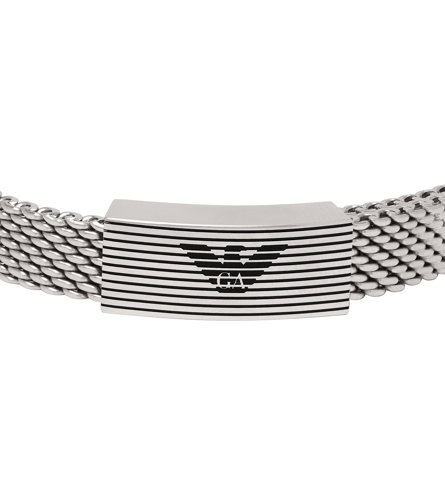 Elegant silver Emporio Armani bracelet featuring a sleek design, angled gracefully for a refined display, perfect for modern sophistication.