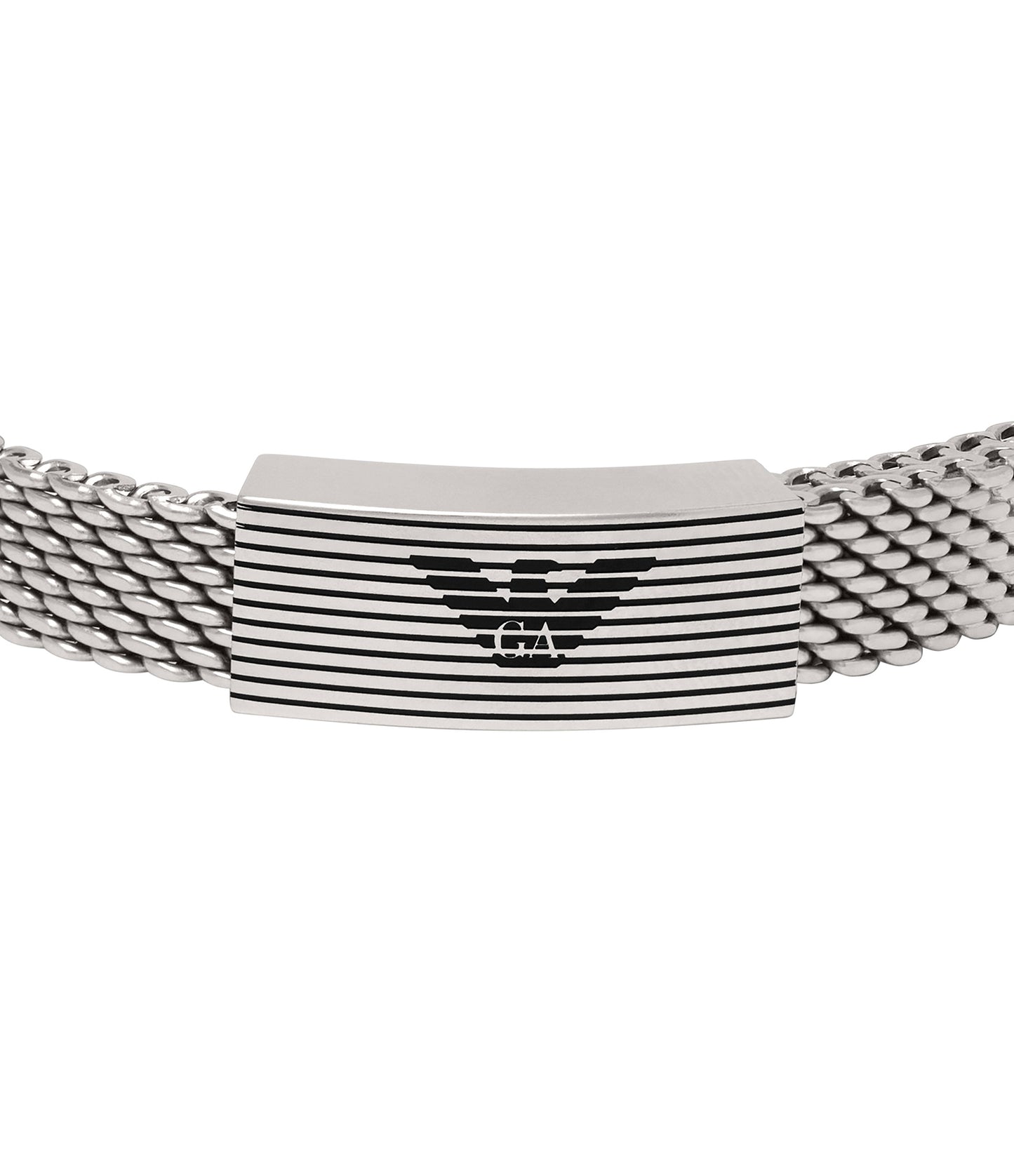 Elegant silver Emporio Armani bracelet featuring a sleek design, angled gracefully for a refined display, perfect for modern sophistication.