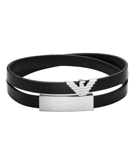 Men Eagle Logo Bracelet Silver & Black Leather