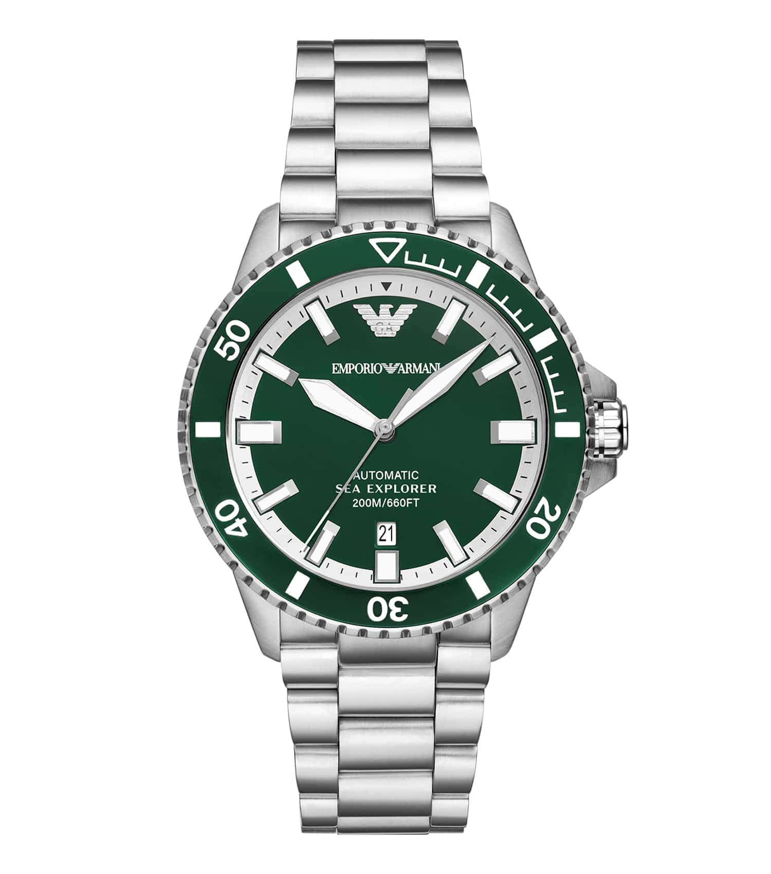 Emporio Armani sea color watch face featuring a minimalist design at a three-quarter angle with silver accents and a sleek metal strap.