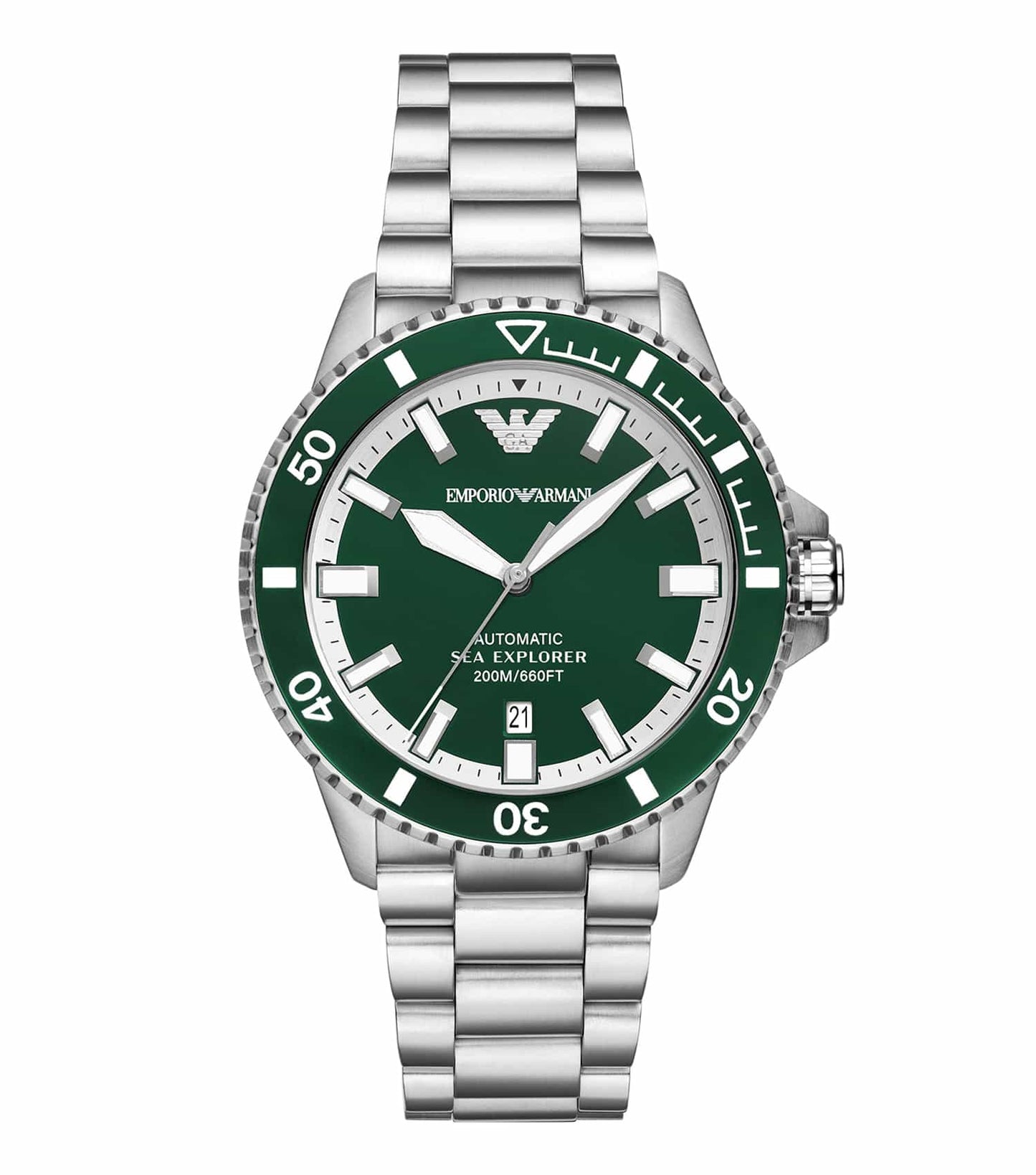 Emporio Armani sea color watch face featuring a minimalist design at a three-quarter angle with silver accents and a sleek metal strap.