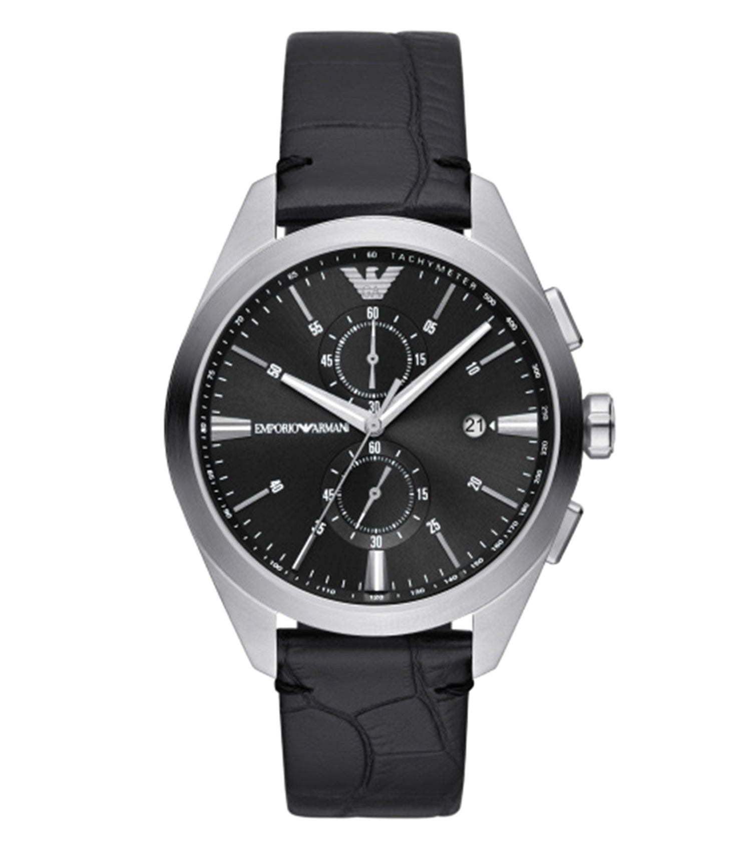 Emporio Armani elegant black watch AR11542, angled slightly to showcase sleek design and gold accents; luxury timepiece display.