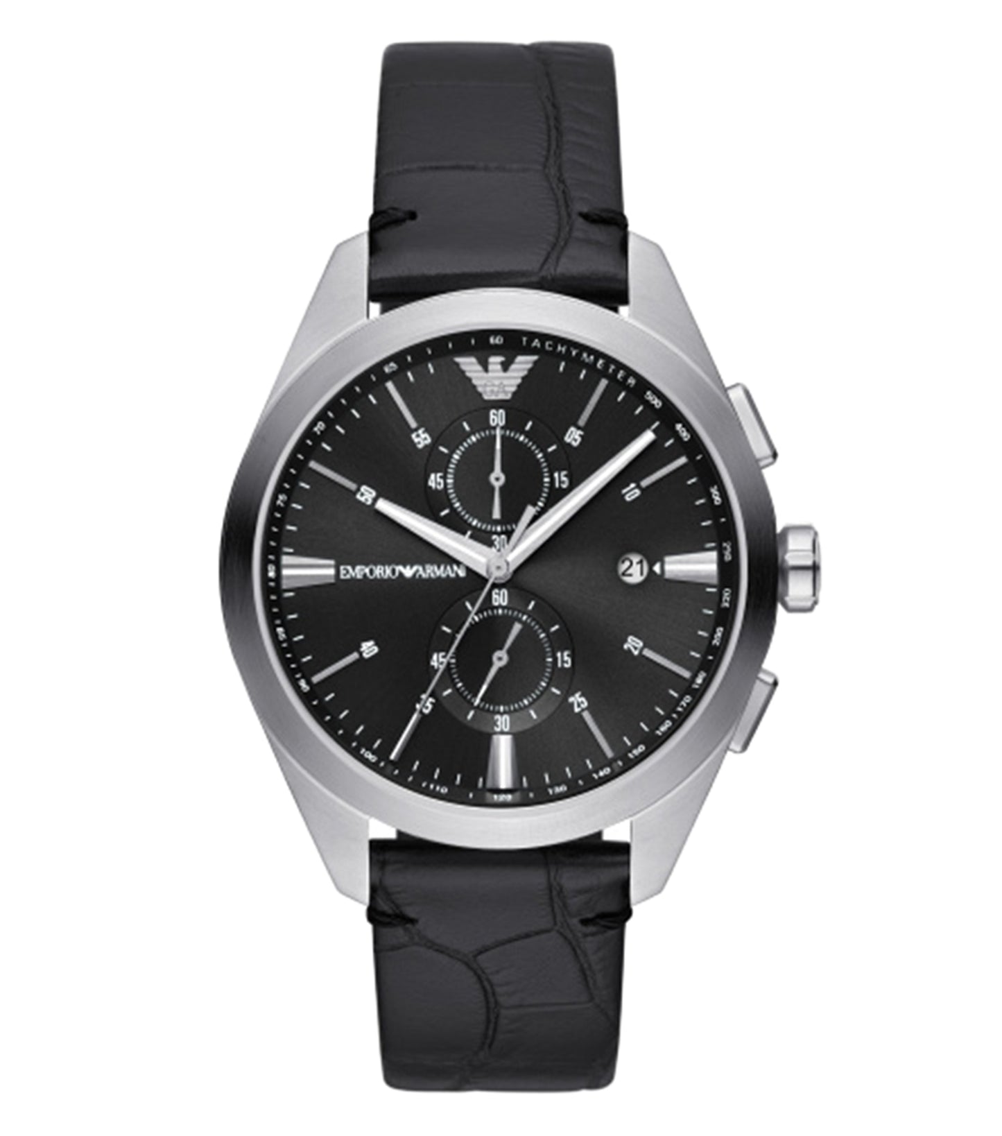 Emporio Armani elegant black watch AR11542, angled slightly to showcase sleek design and gold accents; luxury timepiece display.